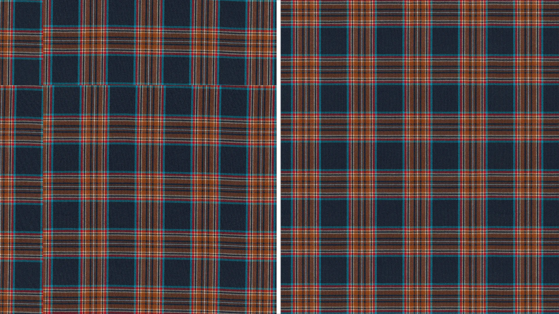 Side-by-side comparison of a tartan material before and after seamless processing