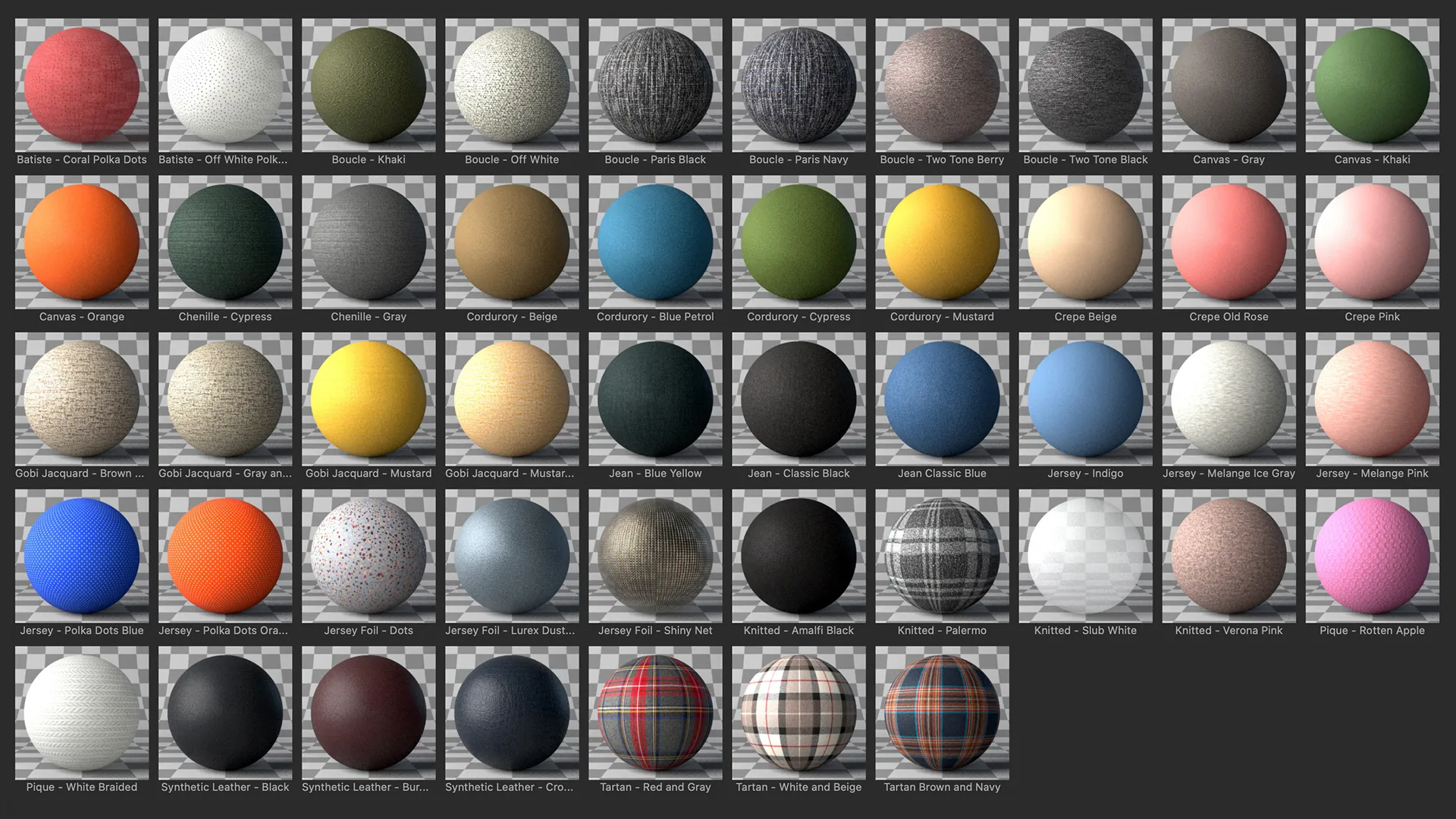 Cinema 4D Asset Browser displaying a grid of scanned fabric materials