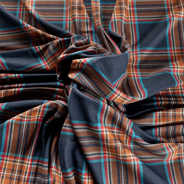 Wrinkled brown and navy tartan material showing folds and surface detail